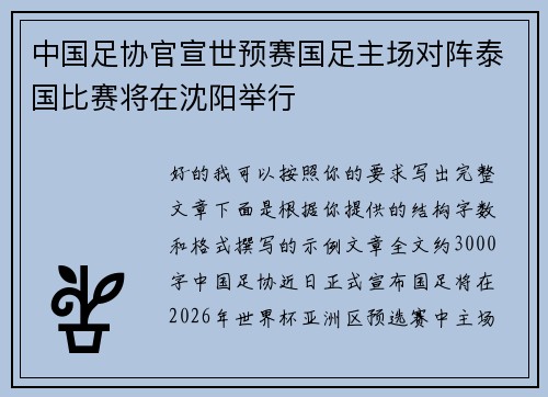 中国足协官宣世预赛国足主场对阵泰国比赛将在沈阳举行